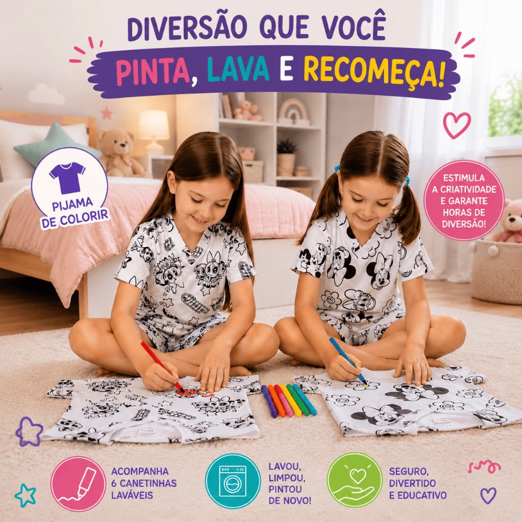 Pijama de Colorir Infantil Menina Kit 2 Lavável + 6 Canetinhas Soft Suede Manga Curta Presente