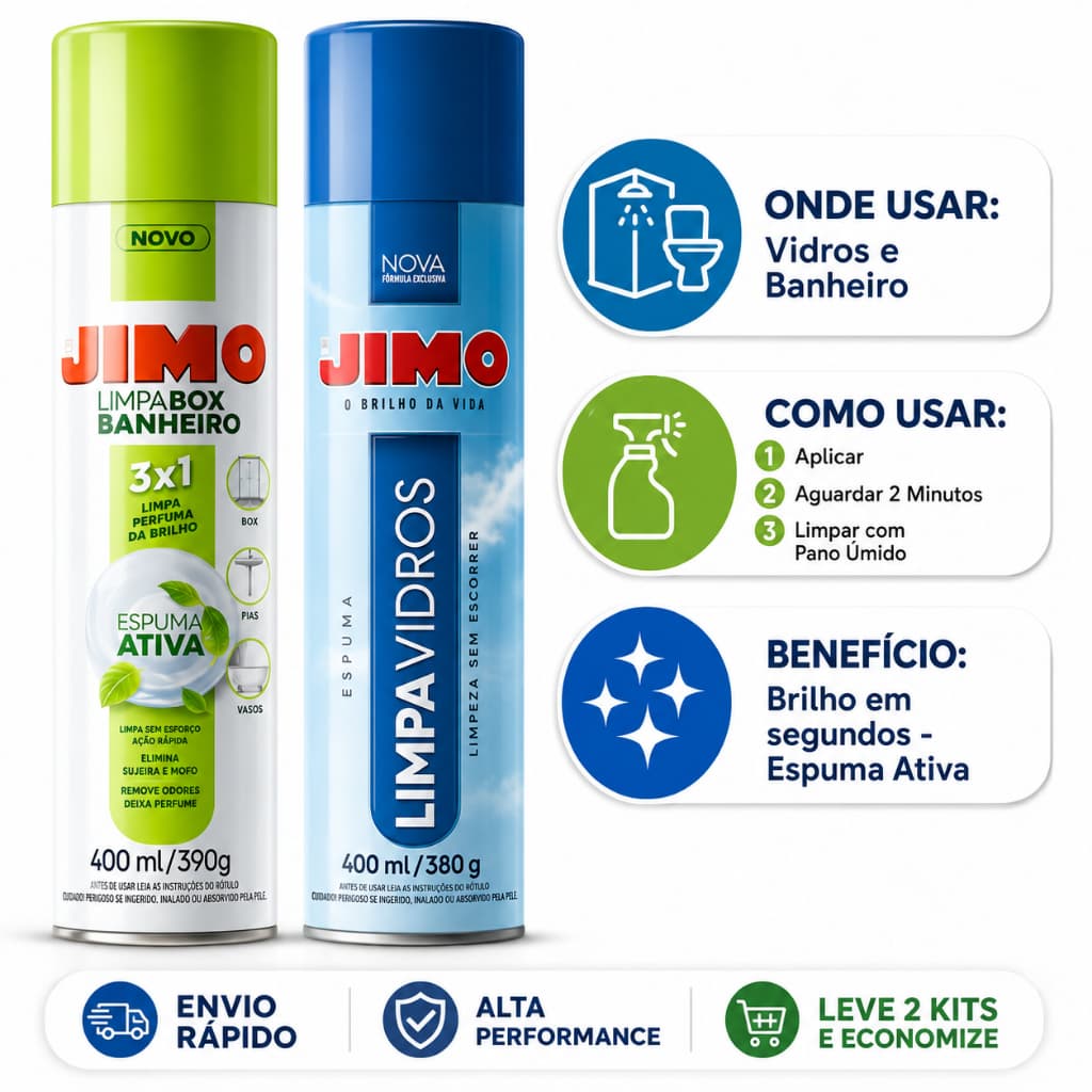 Kit Limpa Vidro Box Banheiro Limpeza Pesada Brilho Tira Limo Blindex Sacada Azulejo Jimo Spray 400ml