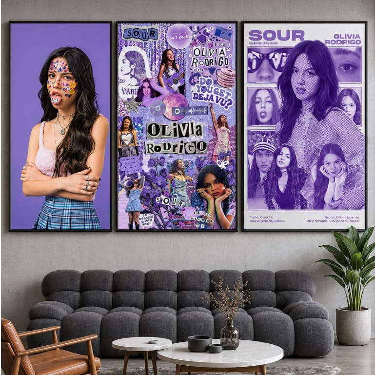 Kit Quadro Decorativo 3 Peças Olivia Rodrigo Álbum Música Cantora Sour Pop Fã Sala Quarto