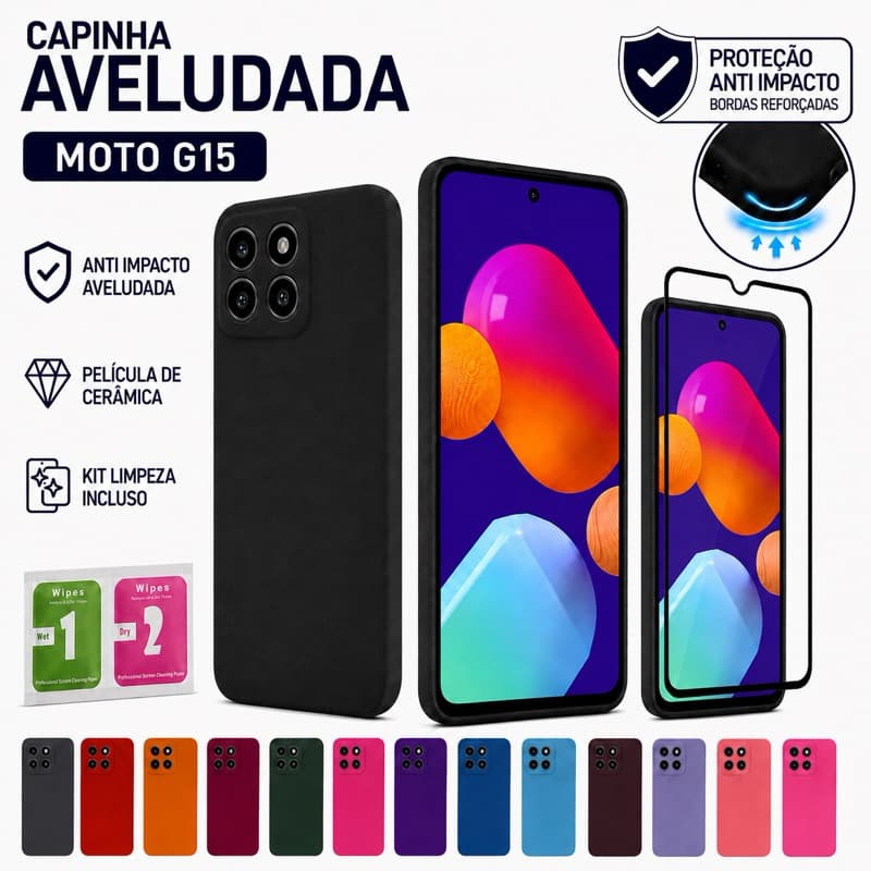 Capinha Capa Motorola G15 Anti Impacto Aveludada + Película de Cerâmica