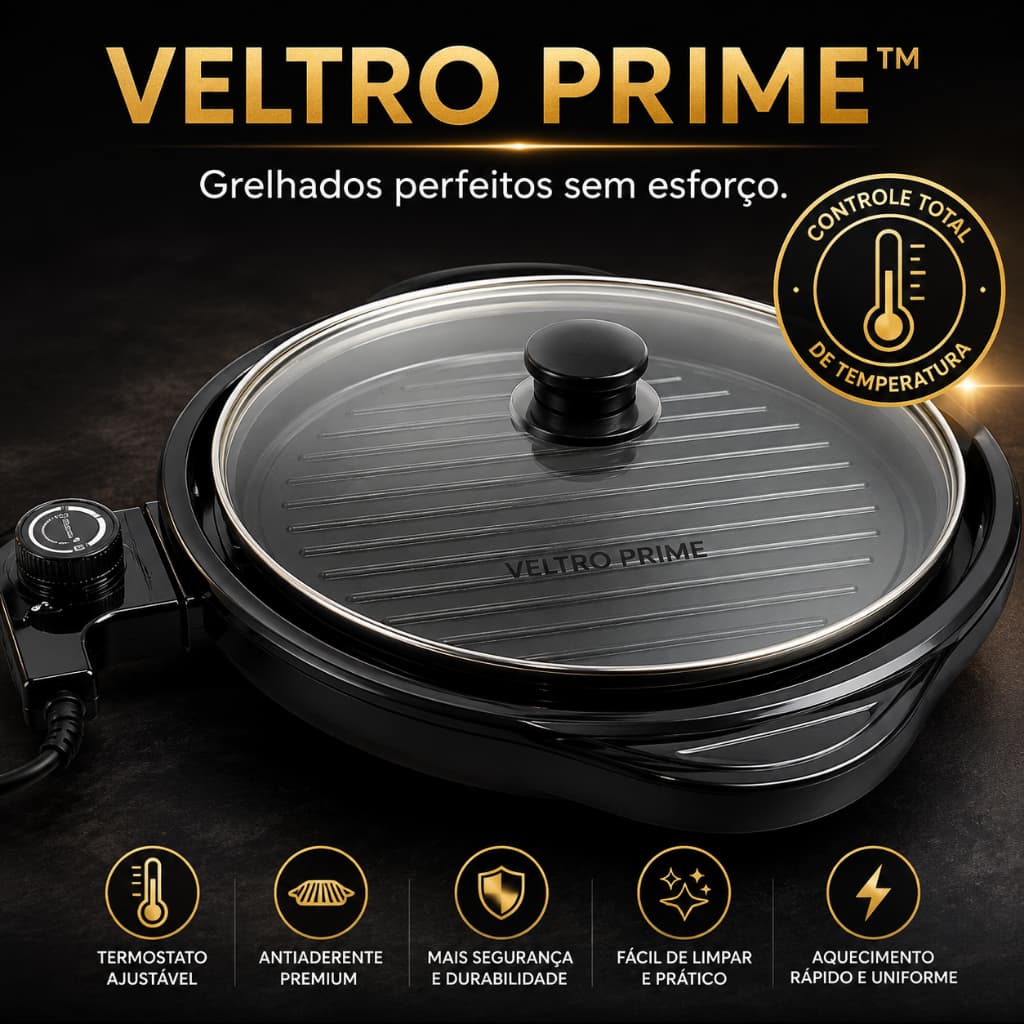 Grill Elétrico Antiaderente Veltro Prime™ 127V Com Tampa Termostato Churrasqueira Portátil Redondo