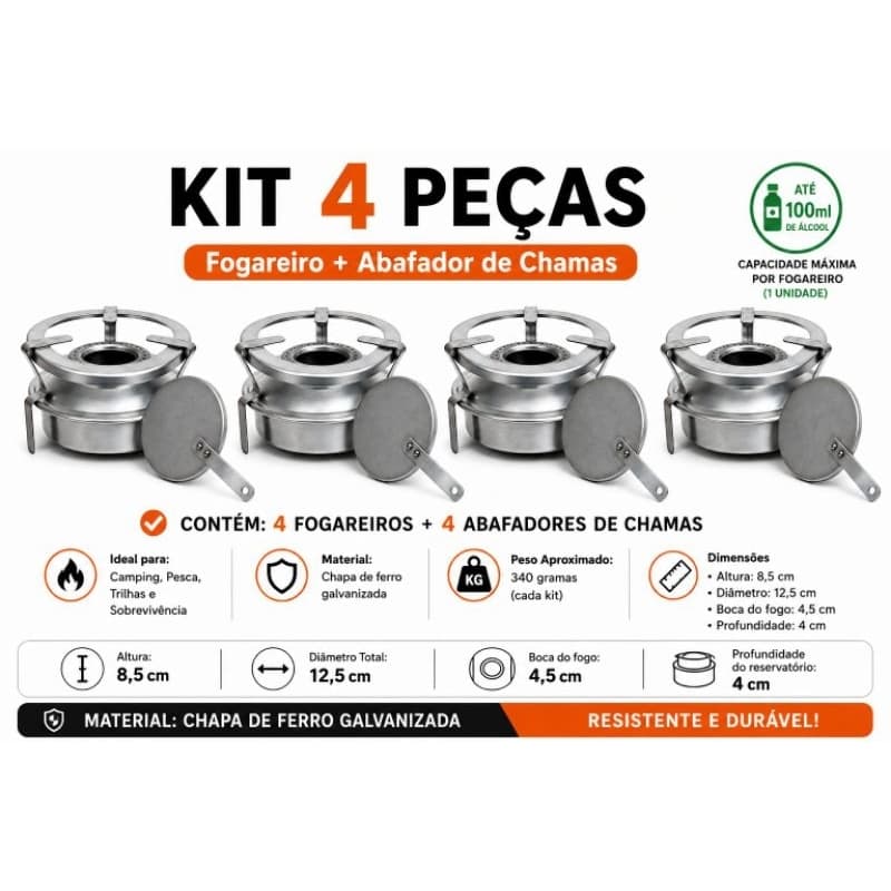 kit 4 Fogareiro espiriteira Portátil a Álcool sem pintura,para camping, caminhoneiros, pesca e sobrevivência.