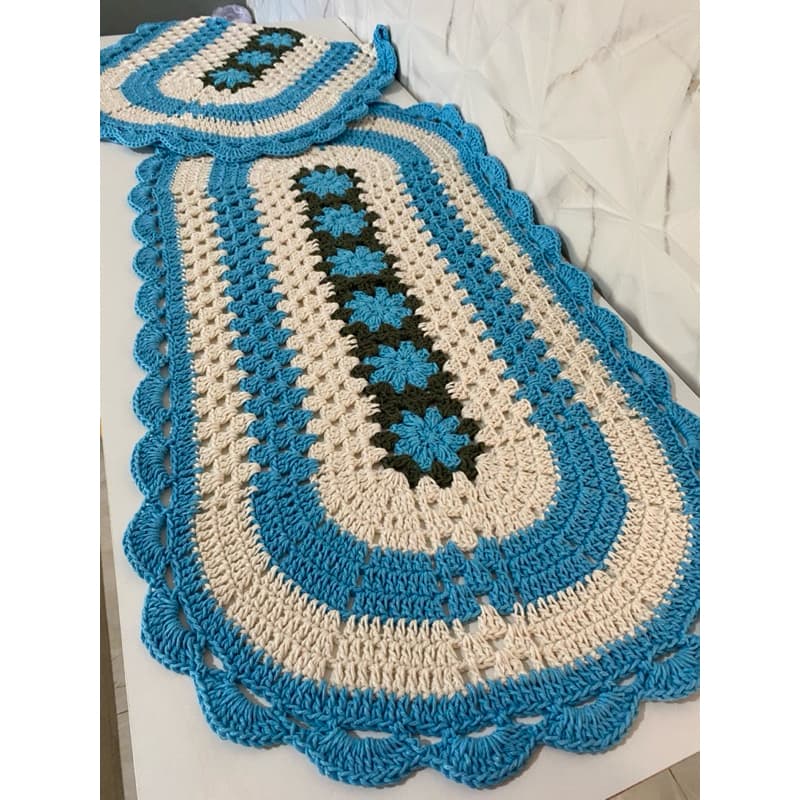 kit Tapete de Crochê 2 pecas 80x50cm Barbante Fio 6 Cru com Flores | Pronta Entrega
