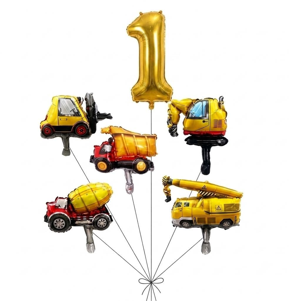 Kit c/6 Balões Carros Construção + 1 Número Dourado 40CM Caminhão Escavadeira Guindaste Empilhadeira