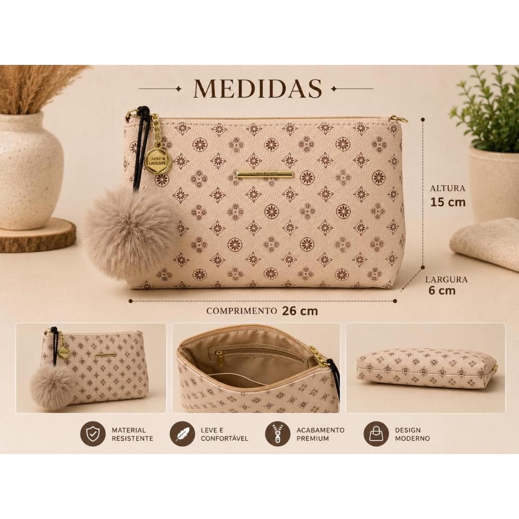 Bolsa Elegante com  divisória interna alça regulável e pompom.LACE & LORE.