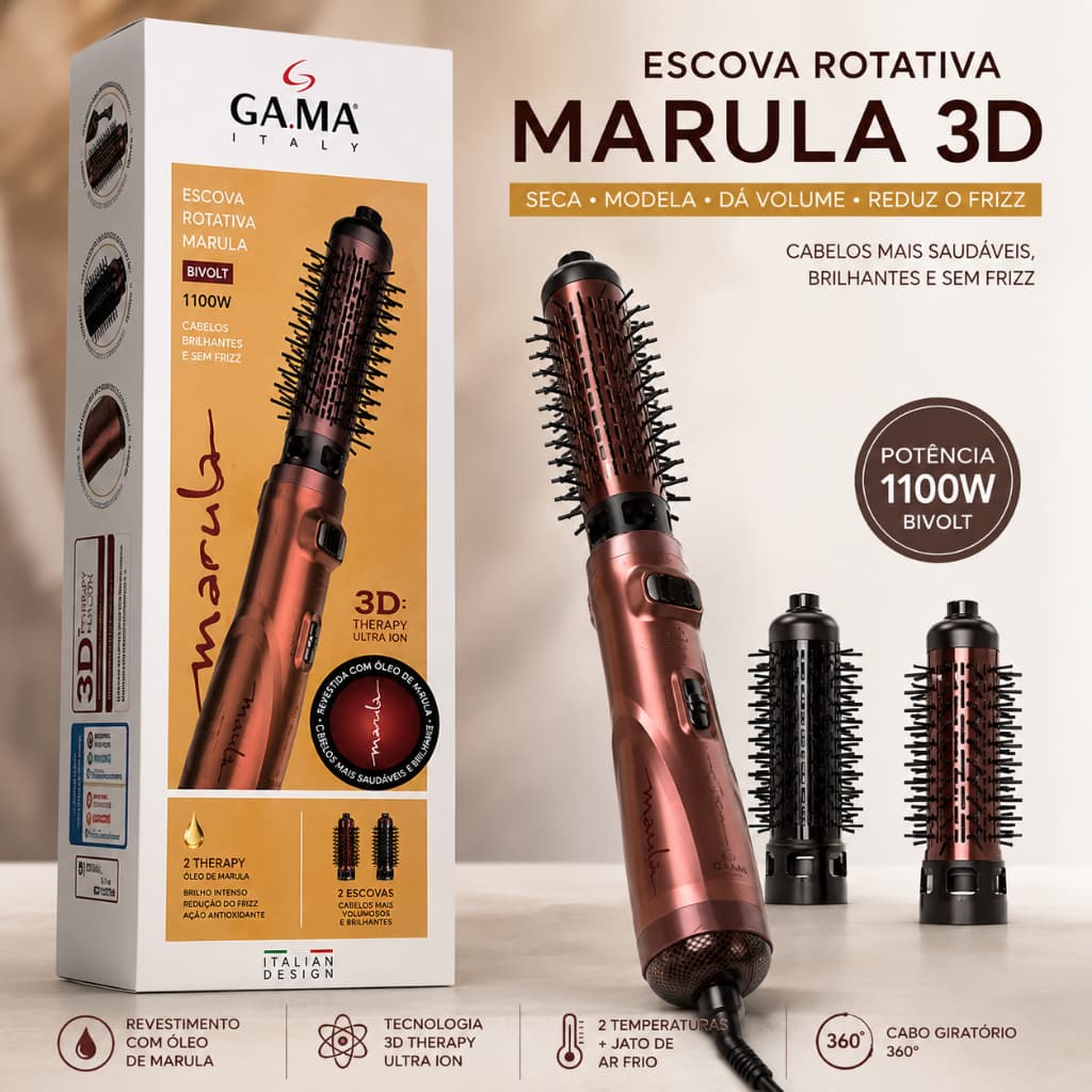Escova Secadora Rotativa Multicabeças GA.MA Italy Marula 3D Bivolt 1100W Seca, Alisa e Modela Antifrizz
