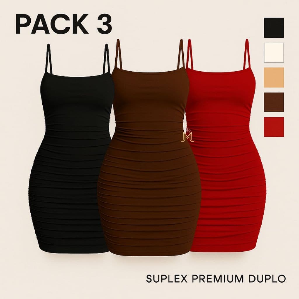 Kit 3 Vestidos Tubinho Feminino Suplex Premium Forro Duplo Plissado– Modela, Zero Transparente e Valoriza Estilo Gringa