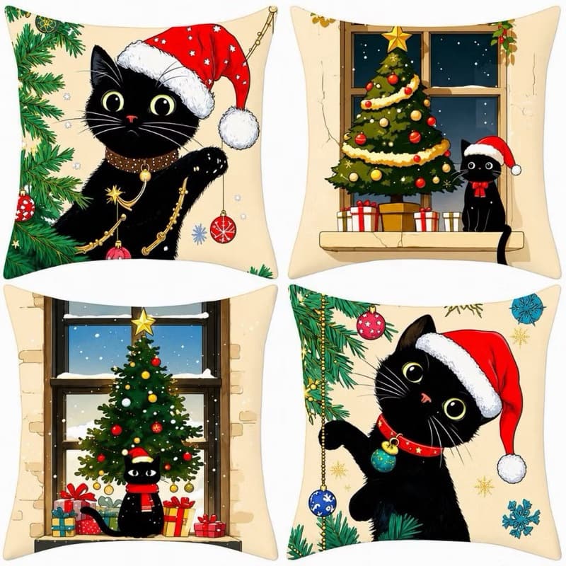 KIT 4 CAPAS DE ALMOFADAS DECORATIVAS GATO PRETO NATALINO-LANÇAMENTO 2026