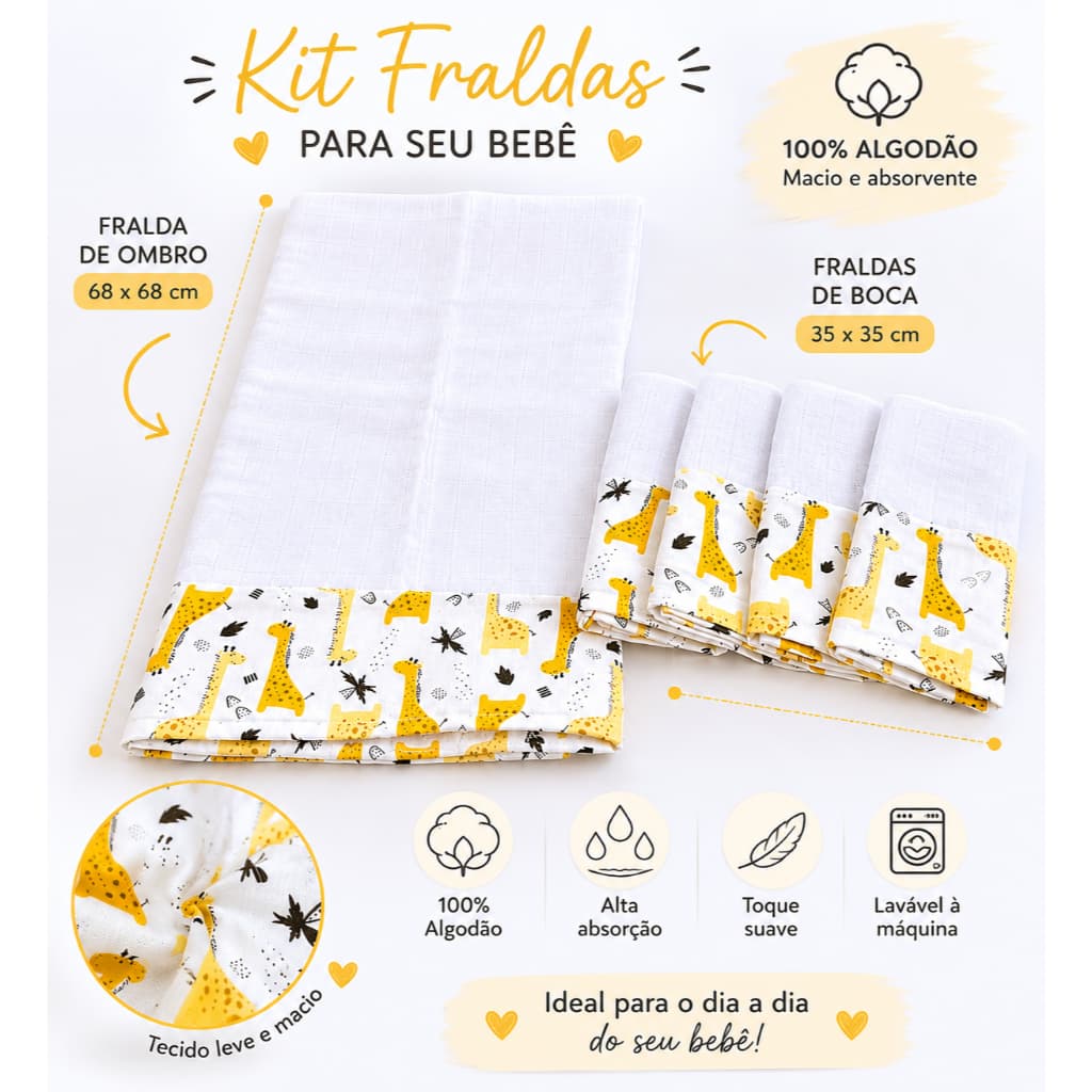 Kit Fralda Bebê 5 Peças Fralda De Ombro + 4 Fraldas De Boca Macias Absorventes Enxoval Maternidade