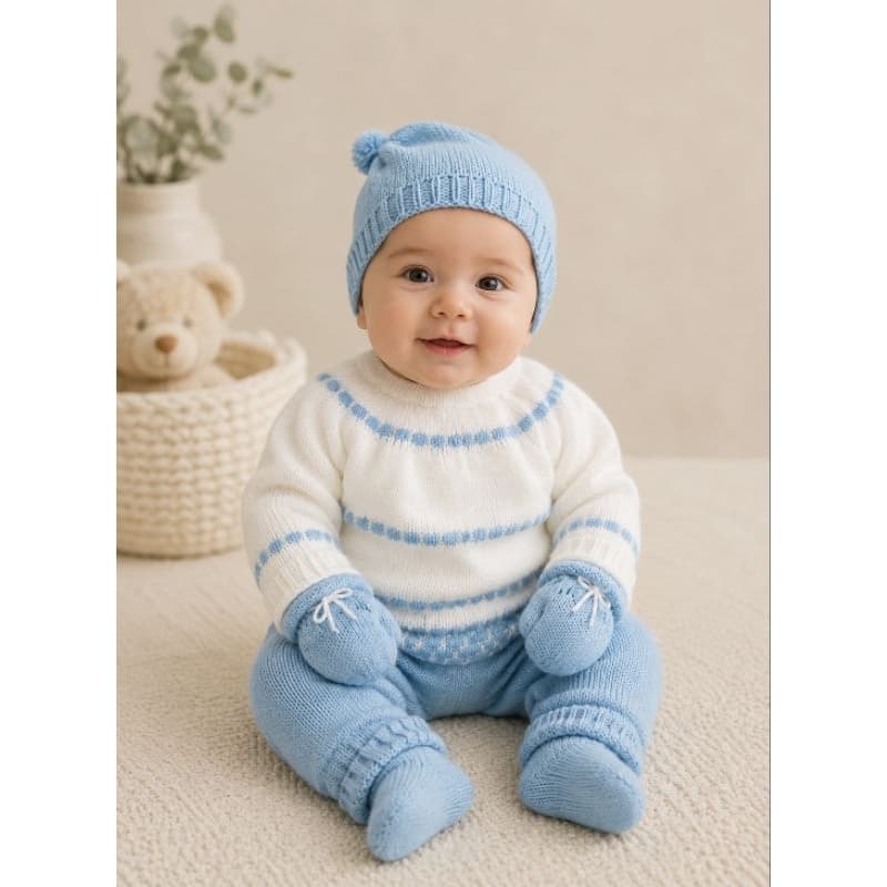 Conjunto listrado pra Bebê de tricô RN 5 pçs Azul