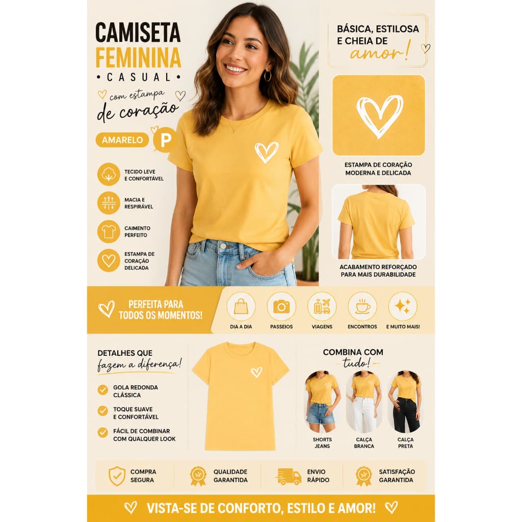 Blusa Feminina Estampada Coração Amarelo P Básica Dia a Dia