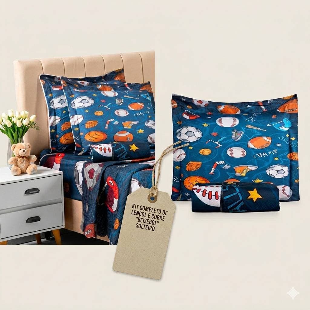 Kit Cobre Leito Solteiro Beisebol + Lençol Com Elástico Solteiro Estampado Esportes Quarto Decoração