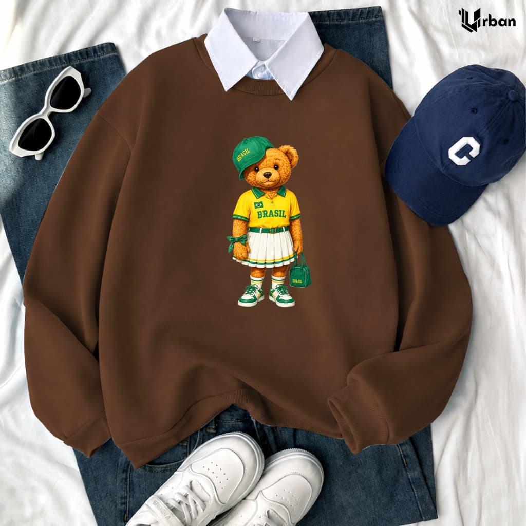 Moletom Feminino Gola Redonda Blusa de Frio Estampado Urso Brasil Inverno Estilo Tumblr Moda Casual