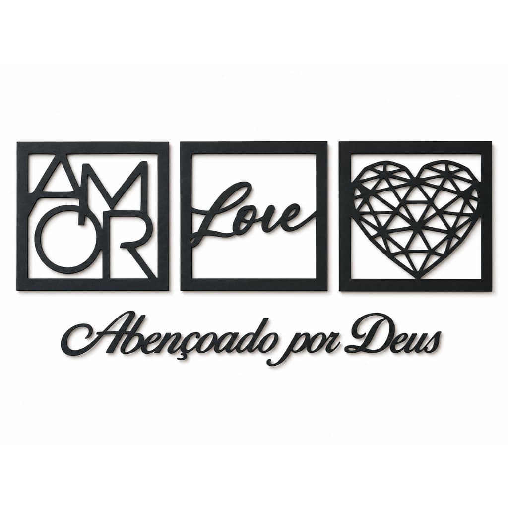 Quadros Decorativos Mãe Love Coração Kit MDF Preto 3mm Com Frase Abençoado Por Deus Para Sala Quarto Parede