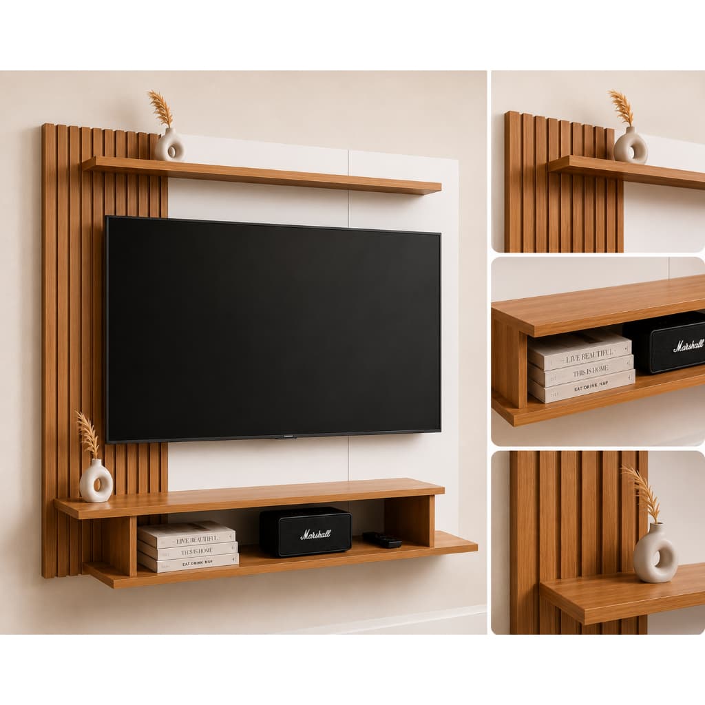 LANÇAMENTO! Painel para TVs de 43 até 60 Polegadas Ripado 3D, Rack Suspenso Moderno com Nichos e Prateleira para Sala