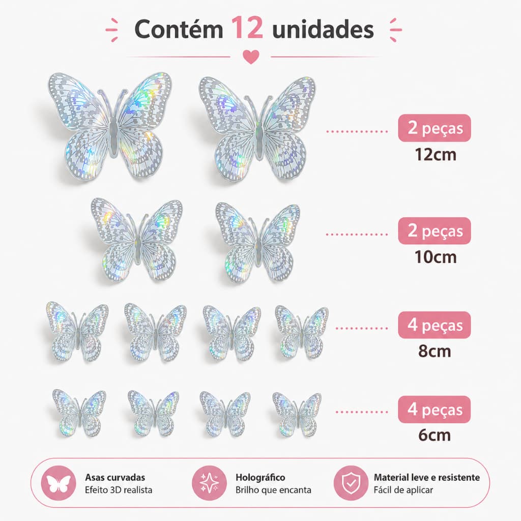 12 Borboletas holográfico Prata/Dourada/Rosa 3D Decorativas Adesivas Decoração Parede Enfeite Arranjo