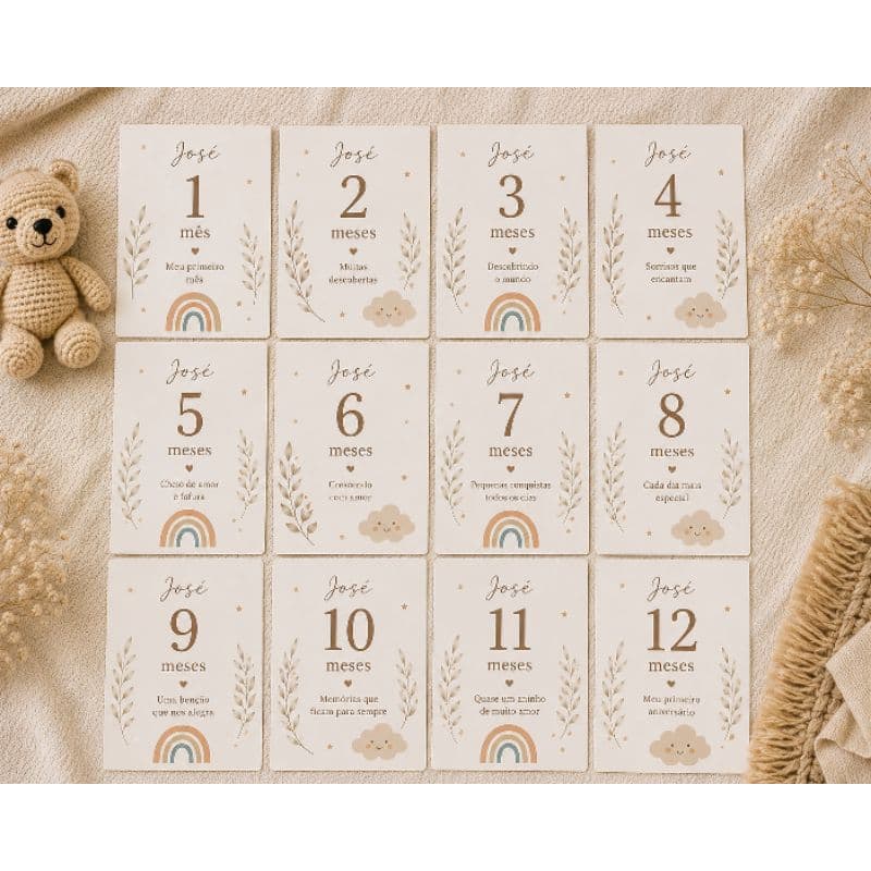 Kit Mesversário Personalizado 1 a 12 Meses Cards Bebê Foto Mensal