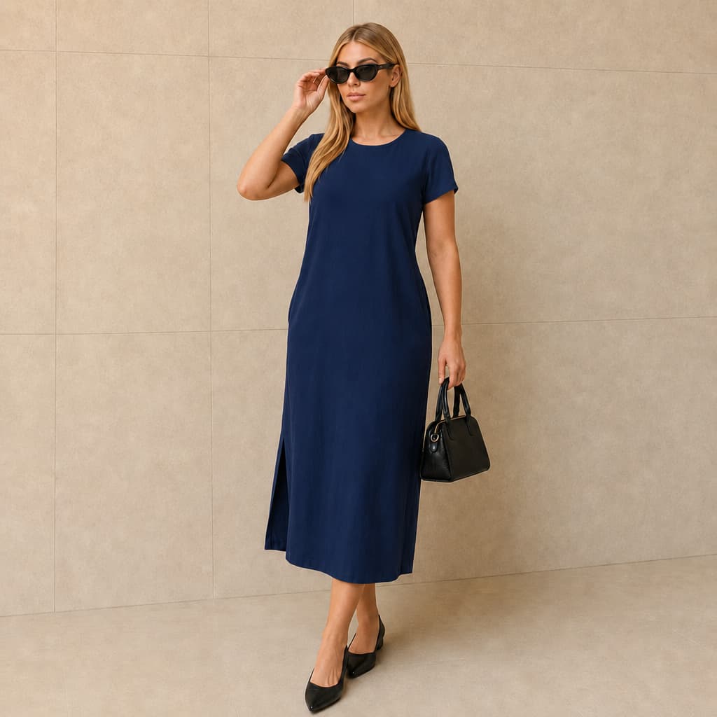 Vestido Feminino Manga Curta Linho Midi Casual Elegante Atemporal Forrado Fenda Lateral Bolso Zíper Costas Verão Inverno