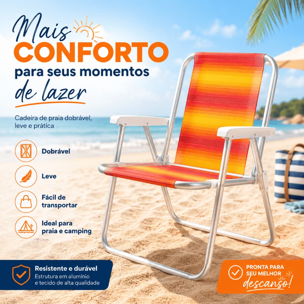 Cadeira de Praia Dobrável Reclinável Alumínio Leve Camping Piscina Pesca Varanda