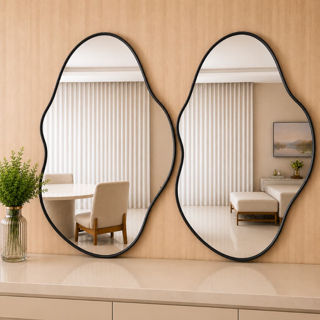 Kit 2 Espelhos Orgânicos Pinterest Moldura Couro 70x50 Banheiro Lavabo Hall Quarto Decoração Moderno