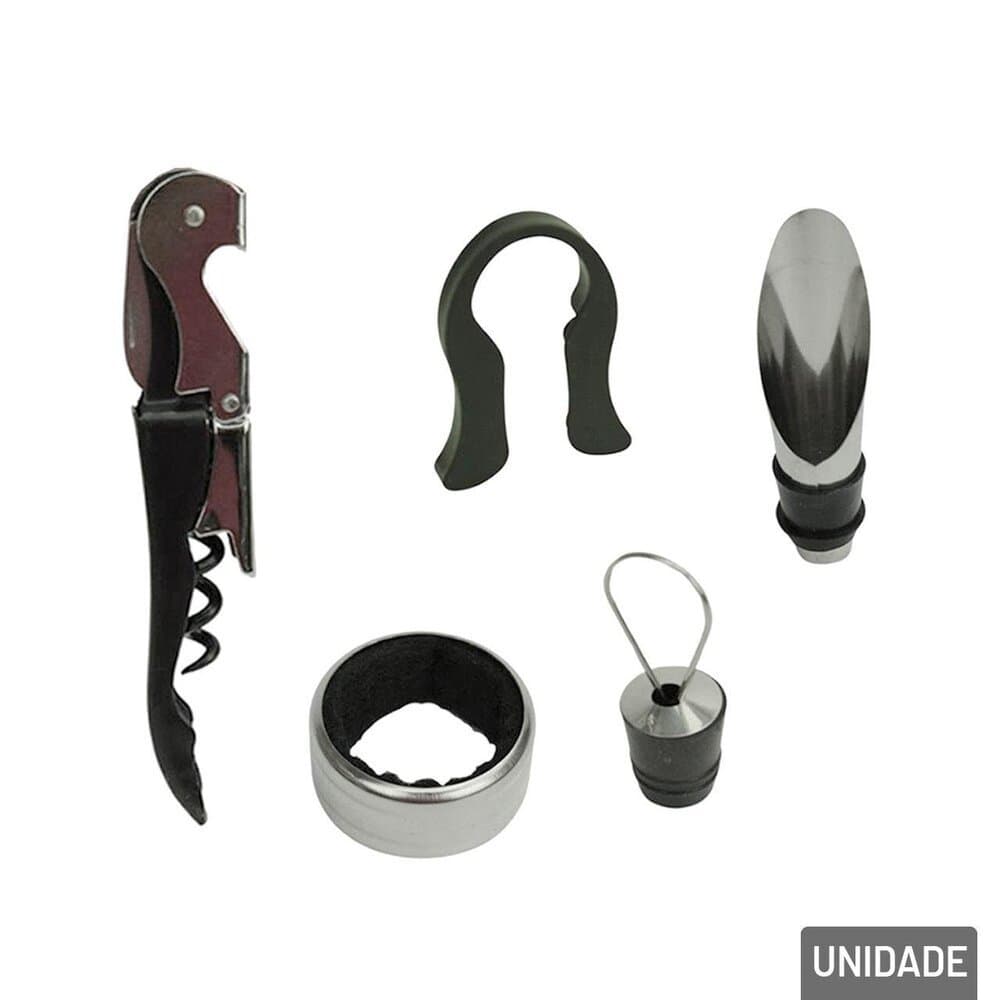 KIT Para Vinho 5 Peças Aço Inox | Acessórios para Vinho Completo | Saca-Rolhas, Anel Corta Lacre, Bico Dosador e Tampa