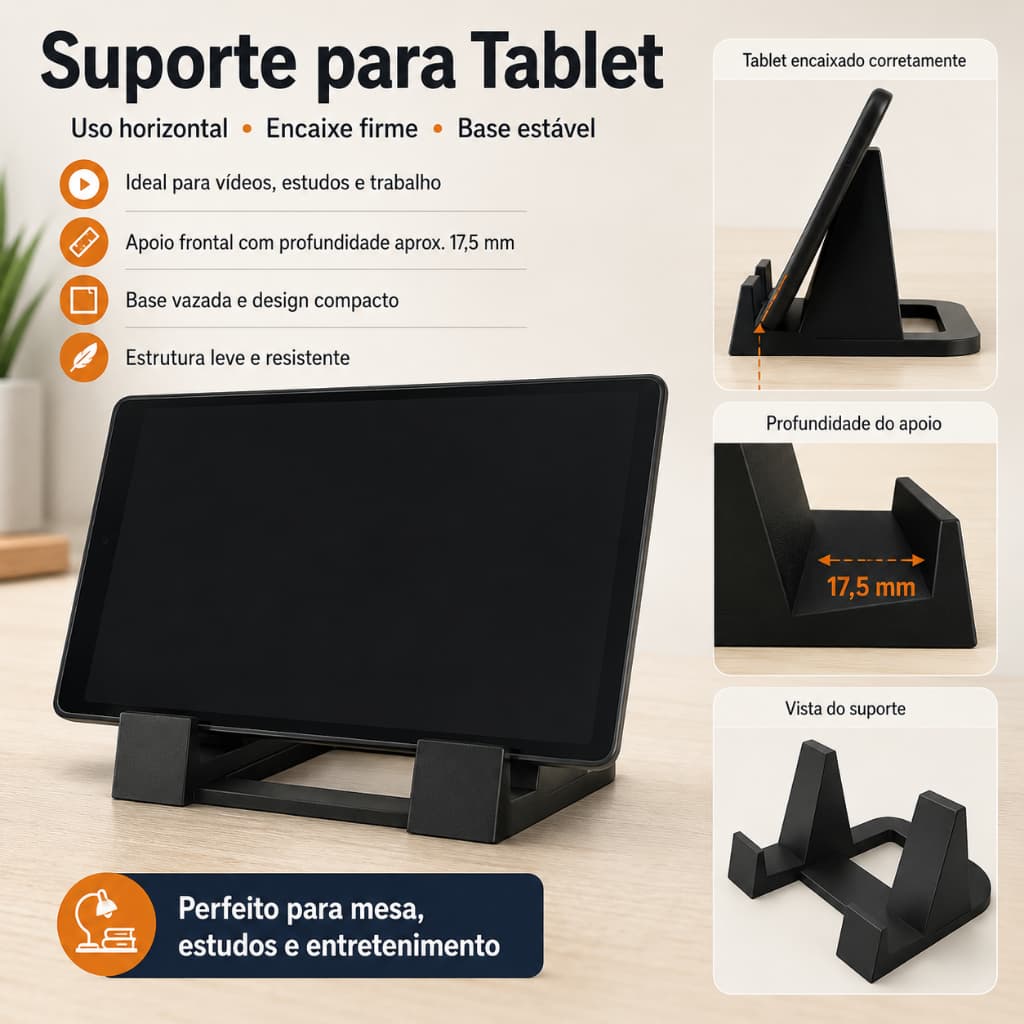 Suporte para iPad e Tablet de Mesa Horizontal Base Estável Encaixe Firme Compacto