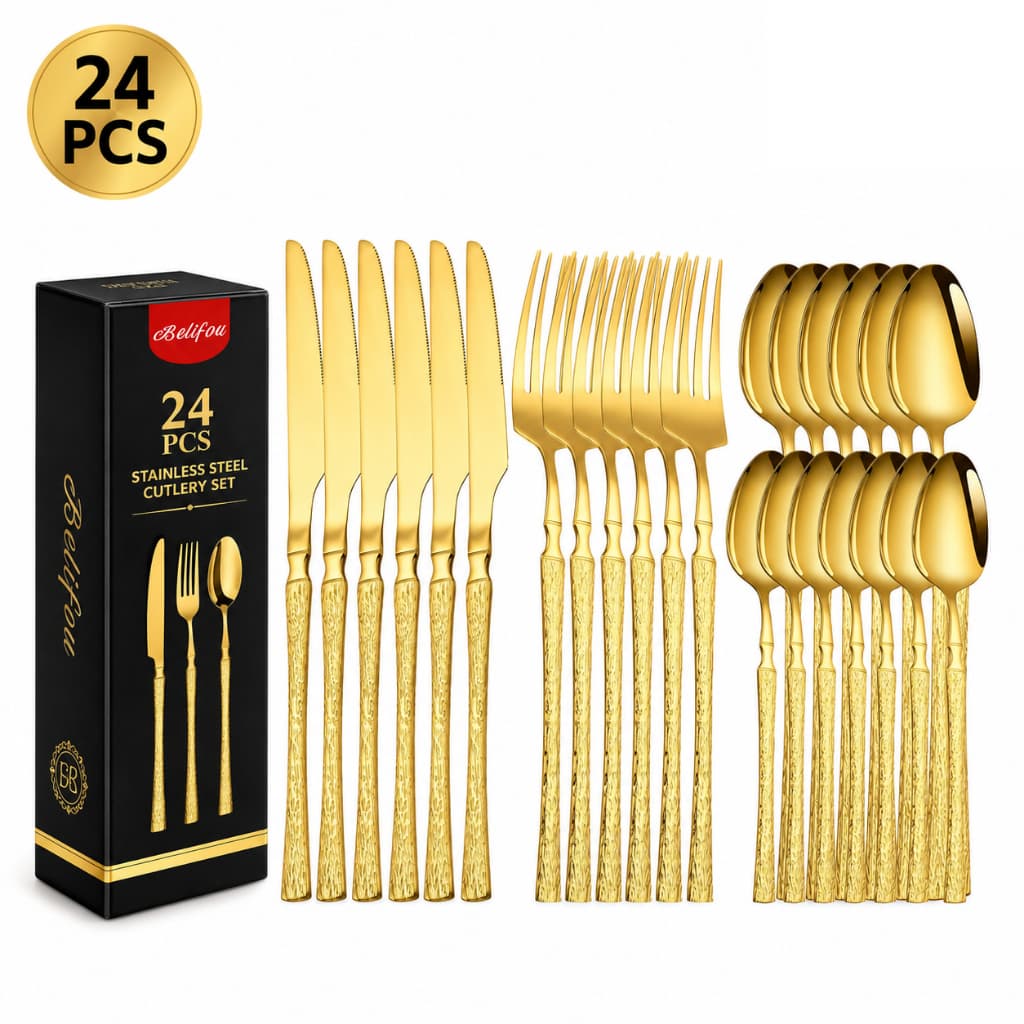 Faqueiro 24 Peças Dourado Aço Inox 416 Jogo de Talheres Luxo Garfo Faca Colher Mesa Posta
