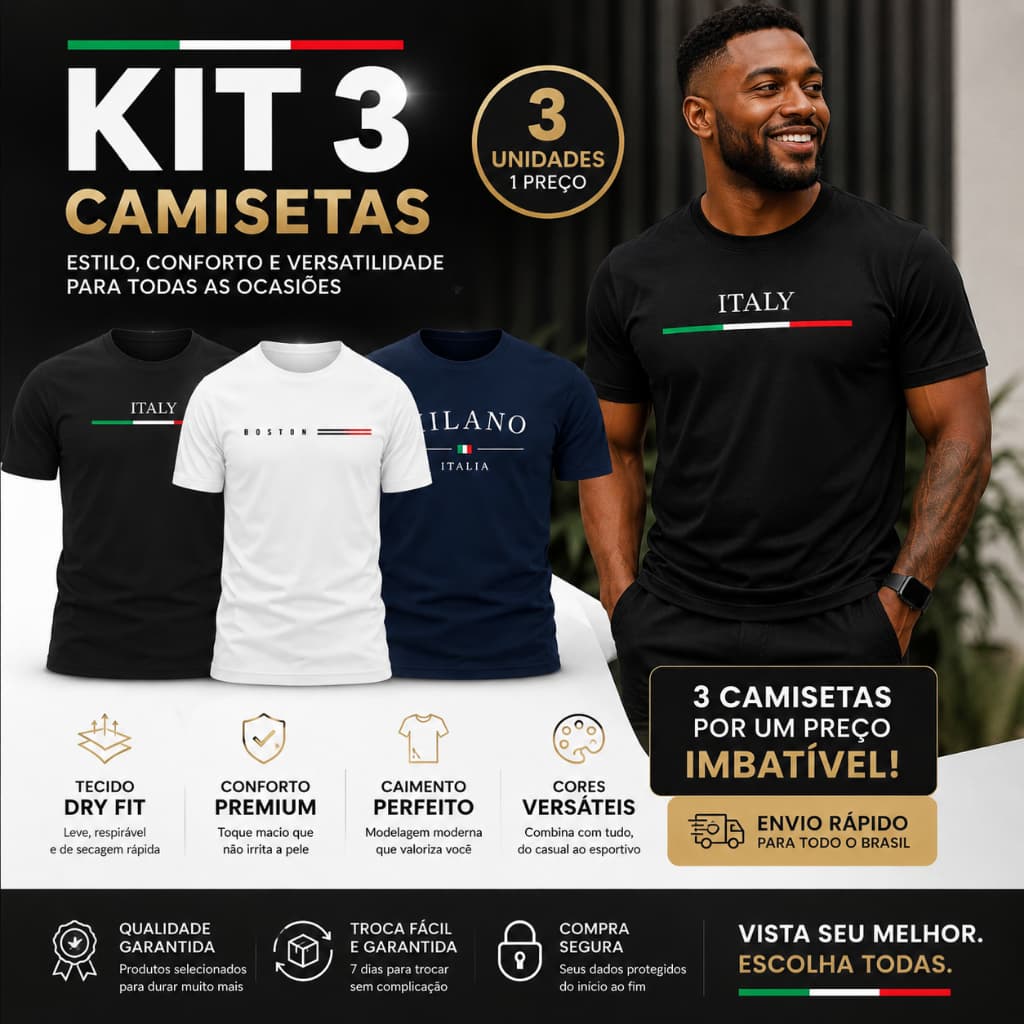 Kit Milano, Italy e Boston | 3 Camisetas Masculinas Dry Fit