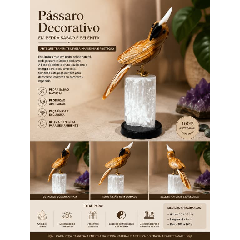 Cacatua Decorativa em Pedra Natural com Base de Selenita Artesanal