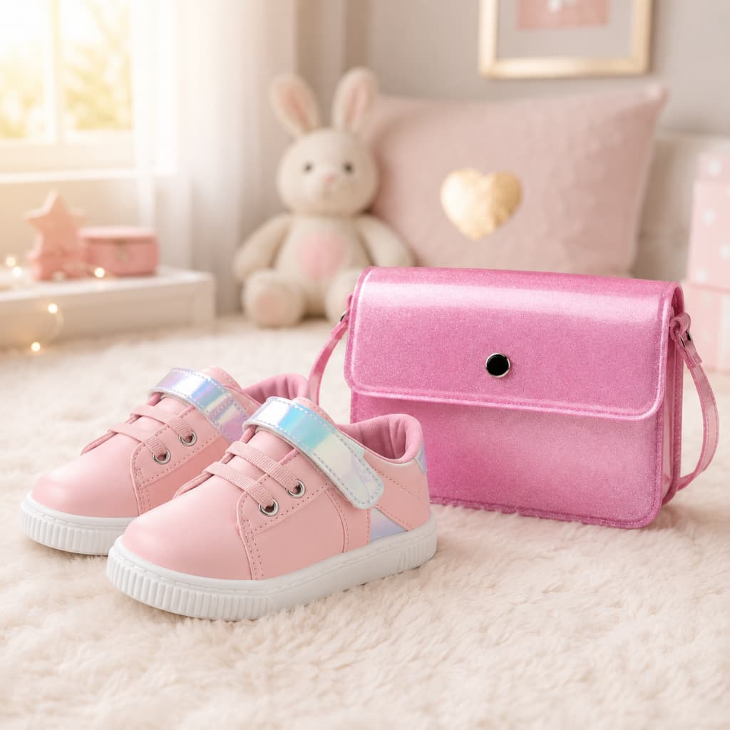 Kit Tenis Infantil Menina Rosa Anatomico Com Bolsa Glitter Tiracolo Confortavel Casual Estilo Festa