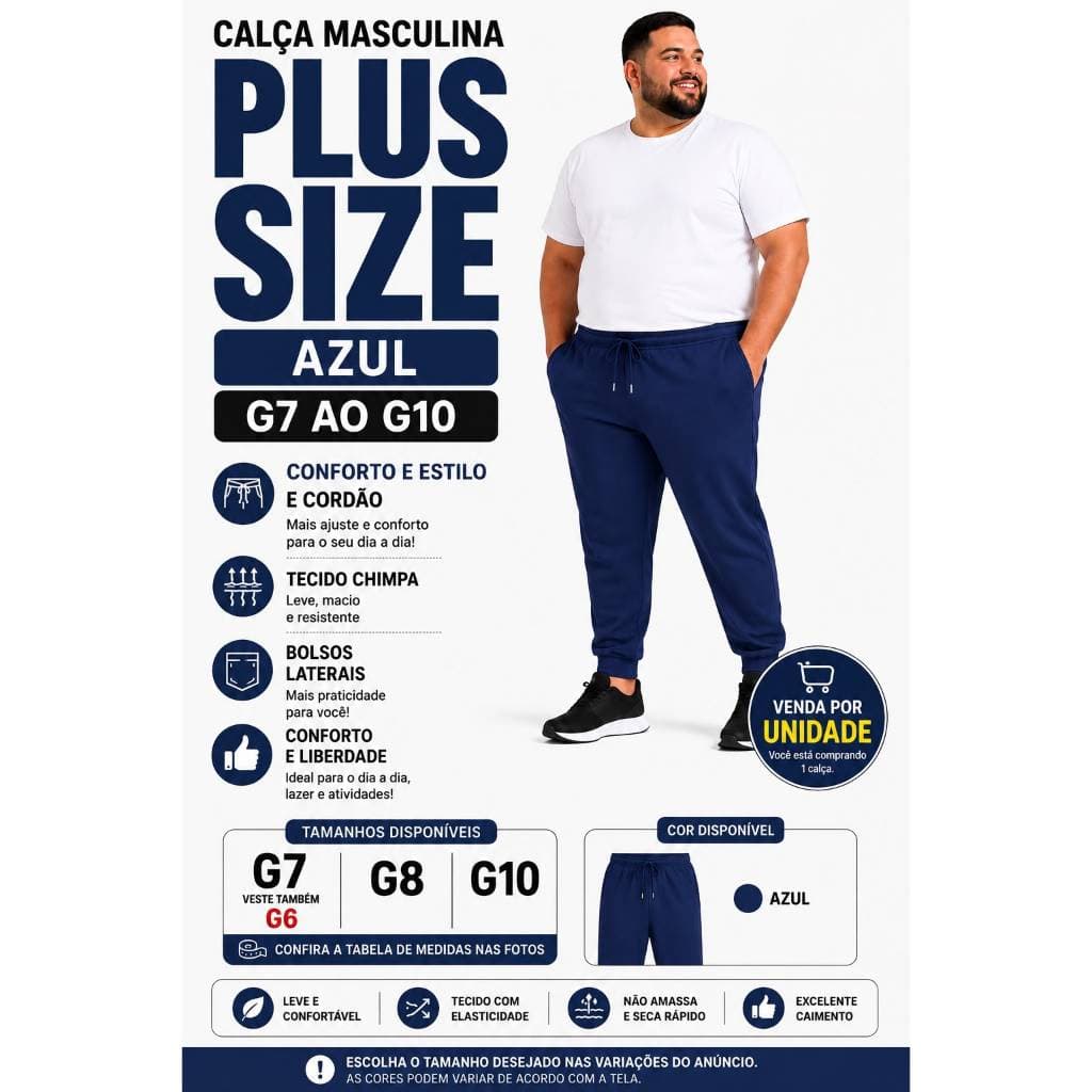 Calça Masculina Plus Size Azul Marinho G7 ao G10