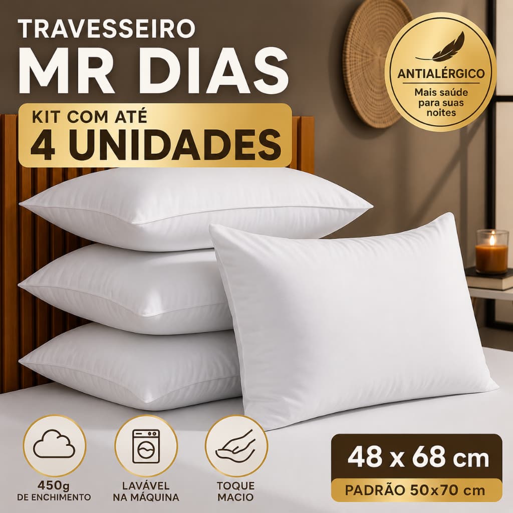 Travesseiros Pluma De Ganso Mr Dias Super Macio Anti Àcaro Lavável Antialérgico 70Cm x 50Cm