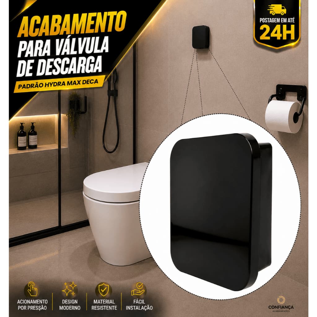 Acabamento Para Valvula De Descarga Quadrado Padrão Hydra Max Deca Preto Abs Luxo