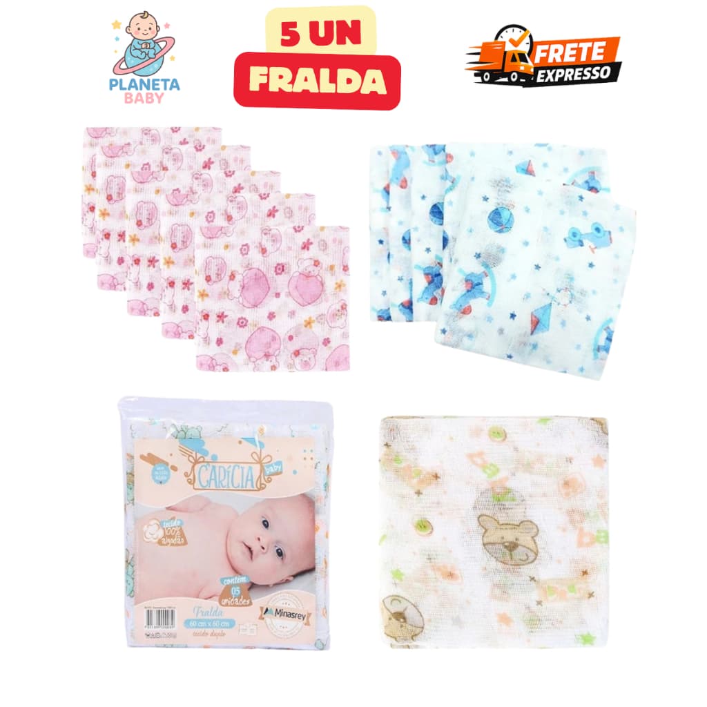 Kit 10 Fraldas de Pano 100% Algodao Minasrey Caricia 5 Unidades Fralda