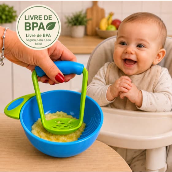 Kit Para Fazer Papinha Tigela e Amassador P/ Comida Frutas Legumes Pratinho de Criança