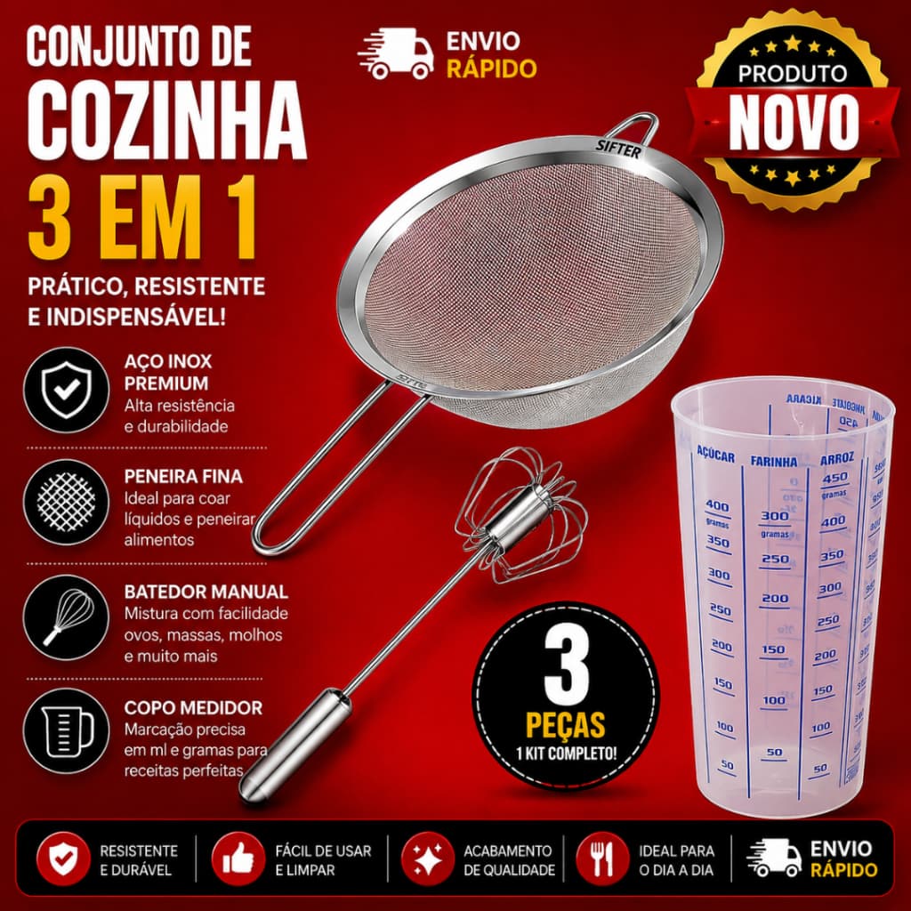 Kit Utensílios de Cozinha em Aço Inox 3 Peças E 1 Unidade de  peneira pequena