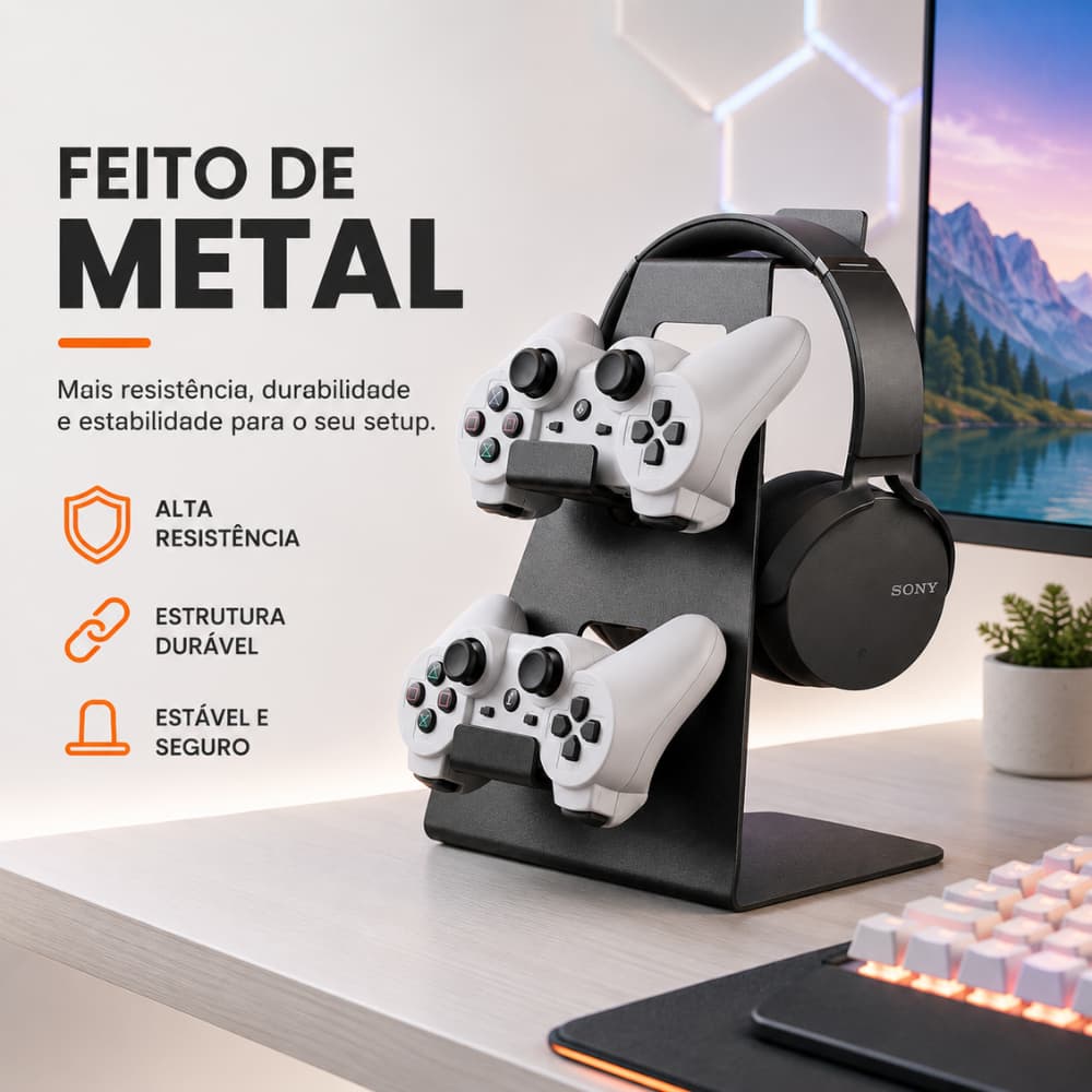 Suporte De Mesa Porta Controle Xbox One X Ps4 Ps5 + Fone De Ouvido Redset Suporte Gamer Em Metal