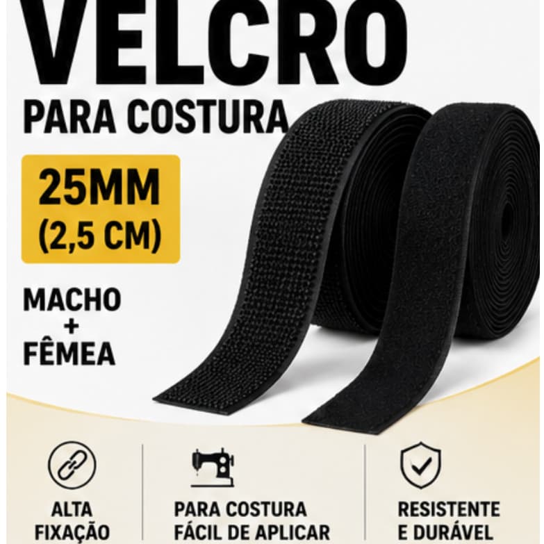Velcro Para Costura 25mm Preto Macho e Fêmea Fita Costurável Fecho Aderente