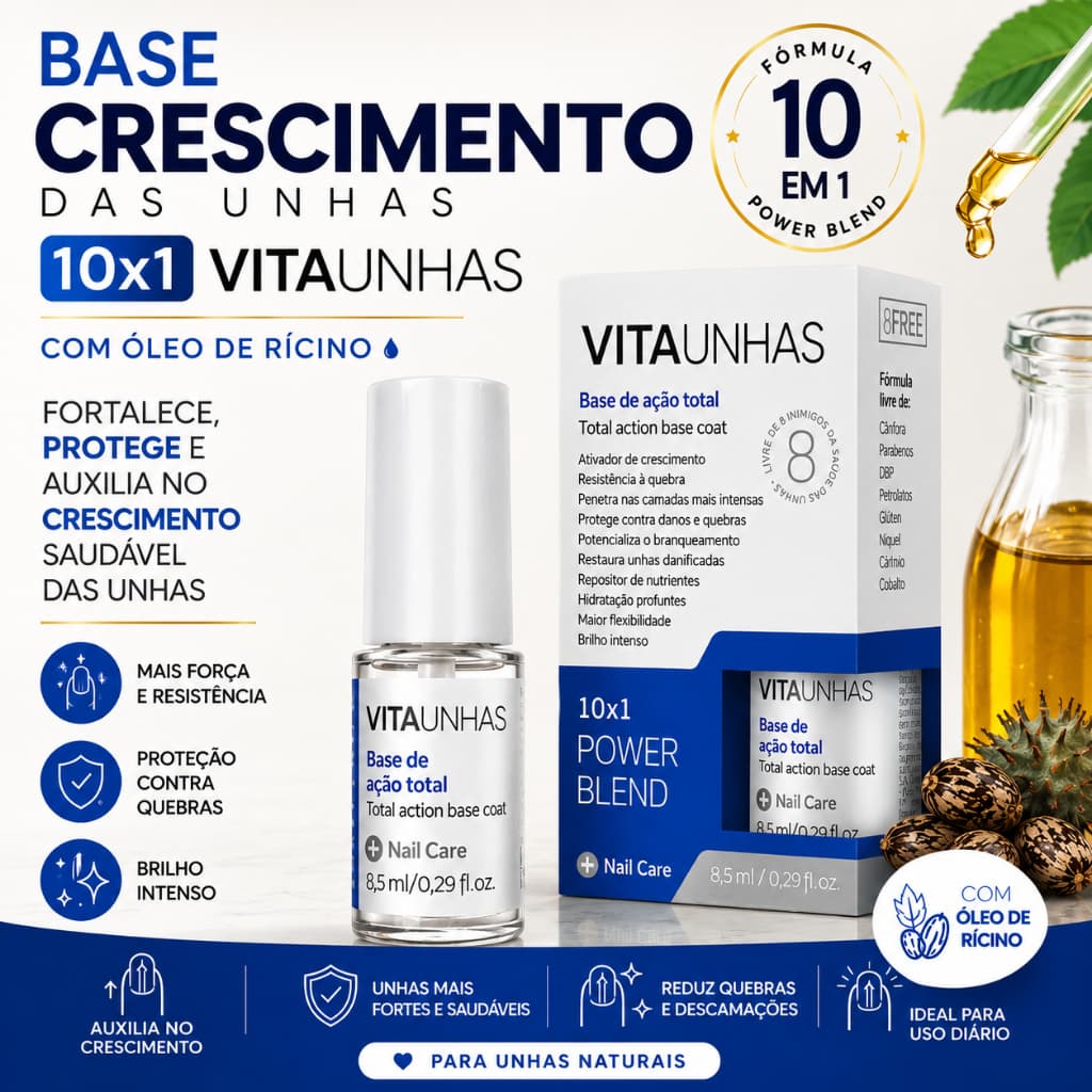 Base Crescimento Das Unhas 10x1 Vitaunhas Com Óleo De Rícino Fortalecedor Endurecedor Anti Quebra 8,5ml