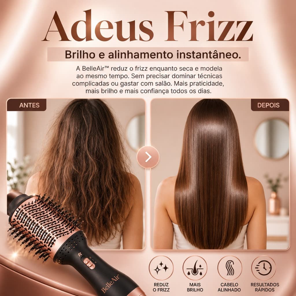 Escova Secadora Alisadora Modeladora Profissional Bivolt 1300W -  Anti Frizz e da Volume - BelleAir
