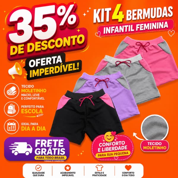 Kit 4 Shorts Moletinho Menina Escola Bermuda Infantil Dia a Dia Juvenil Feminina
