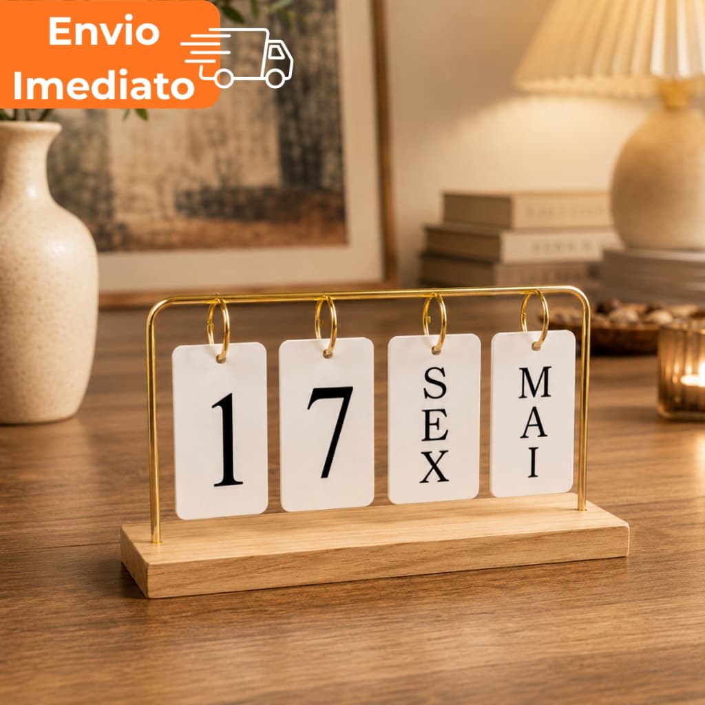 Calendário de Mesa Decorativo Madeira com Plaquinhas Luxo Dourado Preto para Escritório Casa