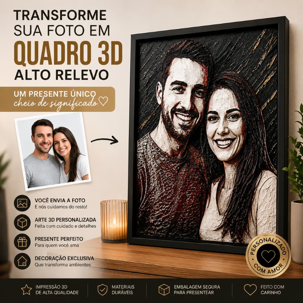 Quadro Personalizado com Moldura | Quadro 3D com Sua Foto em Alto Relevo Exclusivo Casal Romântico Decoração Minimalista