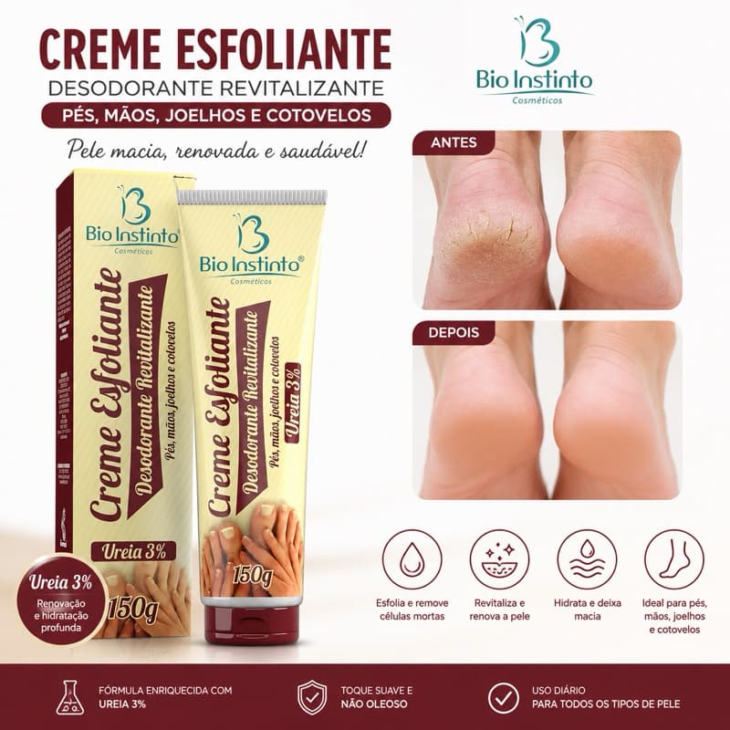 Creme Esfoliante Bio Instinto Ureia 3% 150g Pés Mãos Joelhos Cotovelos