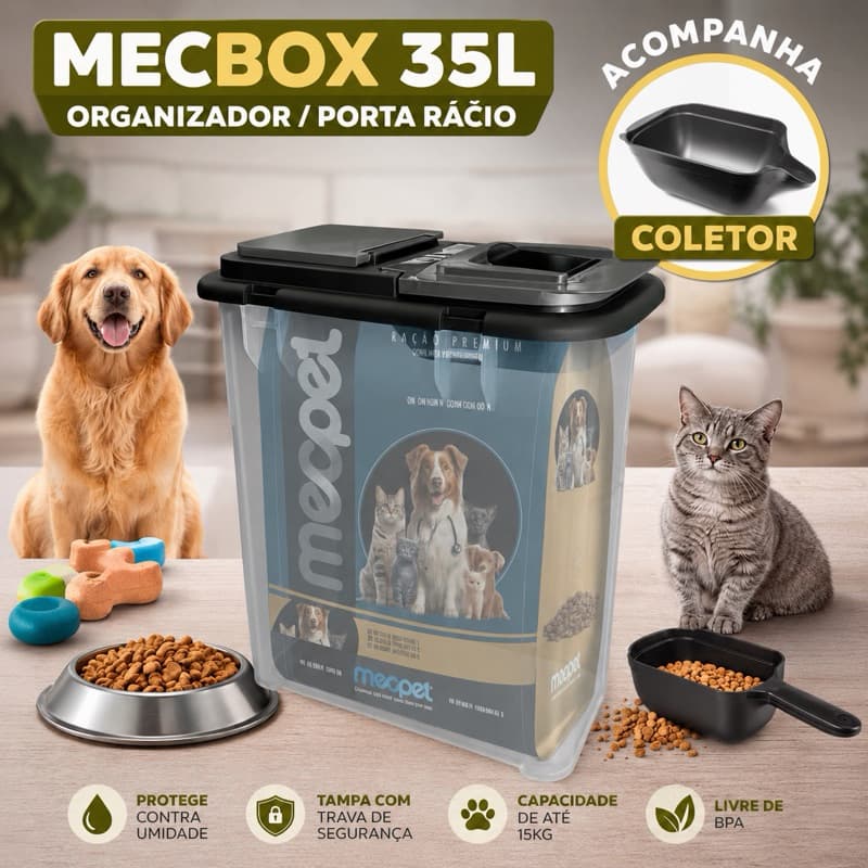 Porta Ração 35L Transparente Mecpet com Coletor - Vedação Hermética e Material Durável
