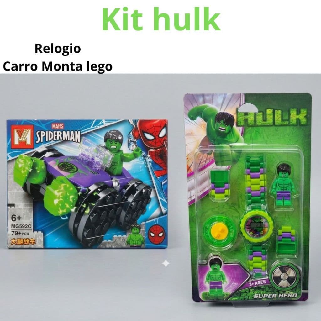 Kit Infantil Hulk Relógio Digital + Brinquedo Bloco De Montar Carrinho Com Mini Bonecos Super Herói Vingadores Presente