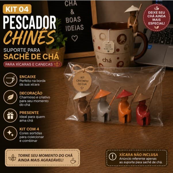 Kit 04 Seguradores De Saquinhos de Chá para Xícara Caneca Mod. Pescador Chinês Decoração Enfeite Top