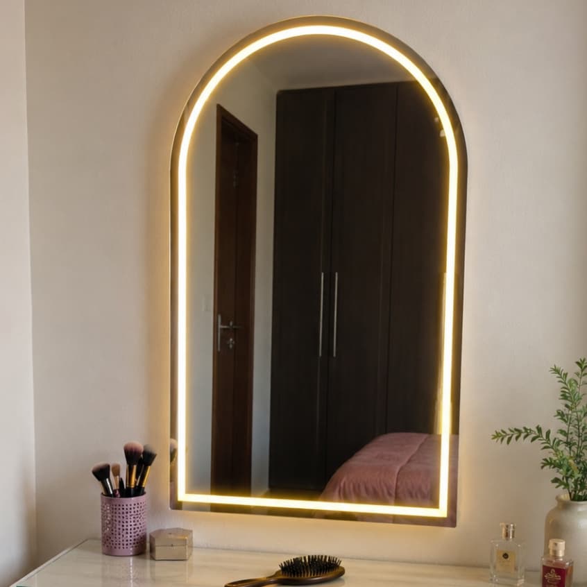 Espelho Jateado Arco Base Reta 100x80cm Arco Janela Lapidado com 3 cores Led Salão Maquiagem