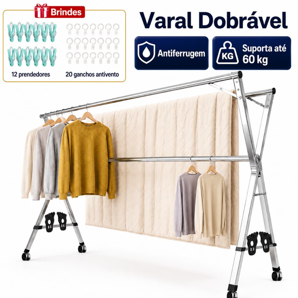 Varal Chão Roupa Retrátil Dobrável Aço Inoxidável Rodas 60kg de Reforçado Não Enferruja