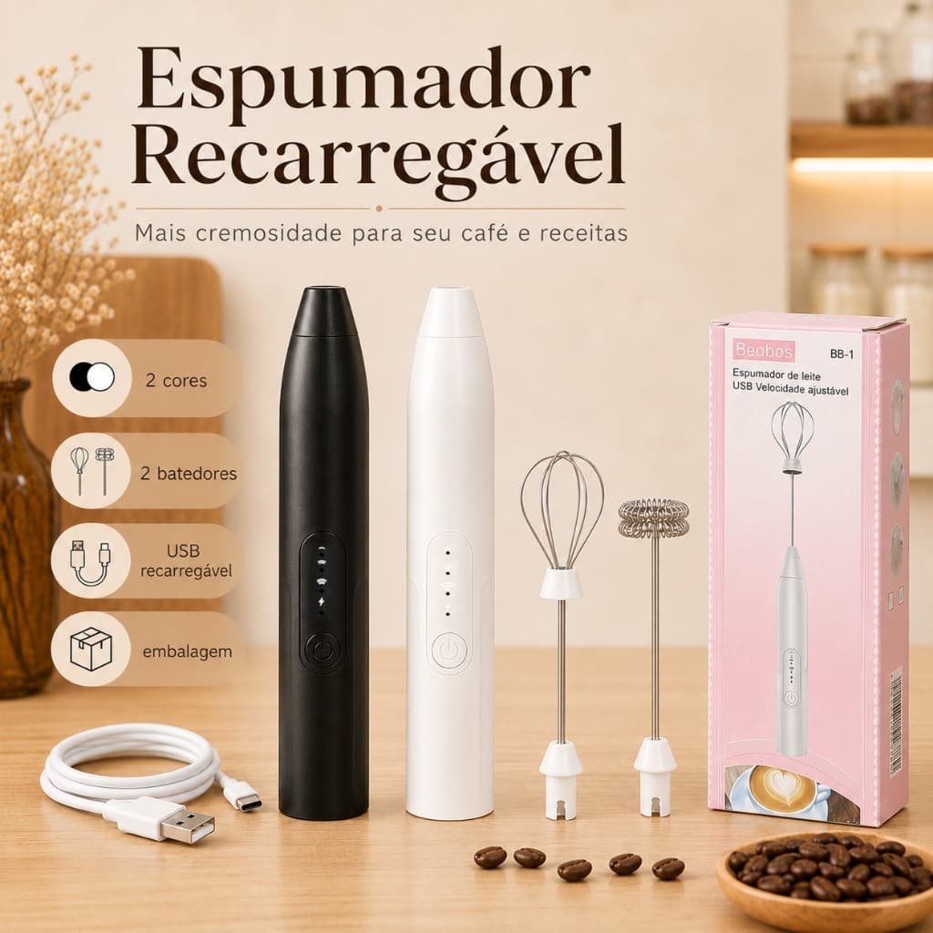 Batedor Misturador Elétrico 2 em 1 Recarregável Portátil para Café   Leite  Bebidas e Clara de Ovo